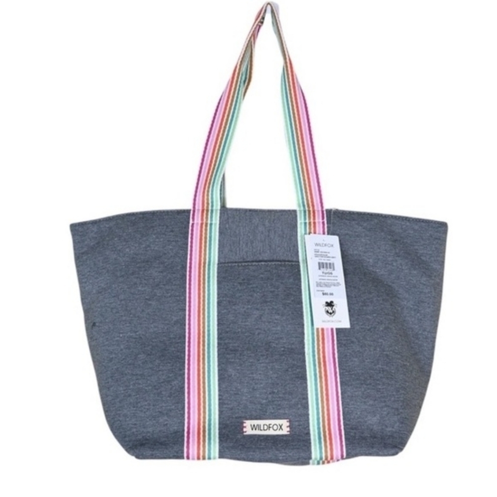 Wild fox gray jersey tote bag with striped Double straps Great Gift Idea NEW